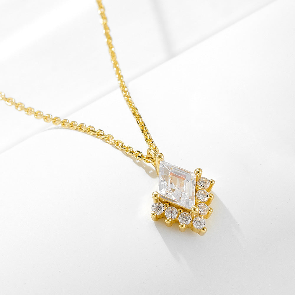 Gold-Plated Sterling Silver Rhombus Mini Zircon Necklace for Women
