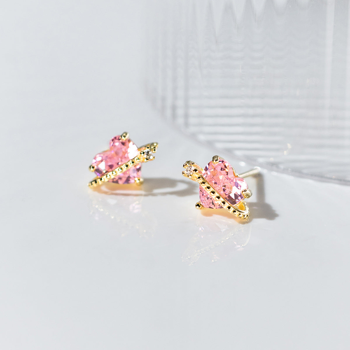 Heart-Shaped Pink Zircon Stud Earrings