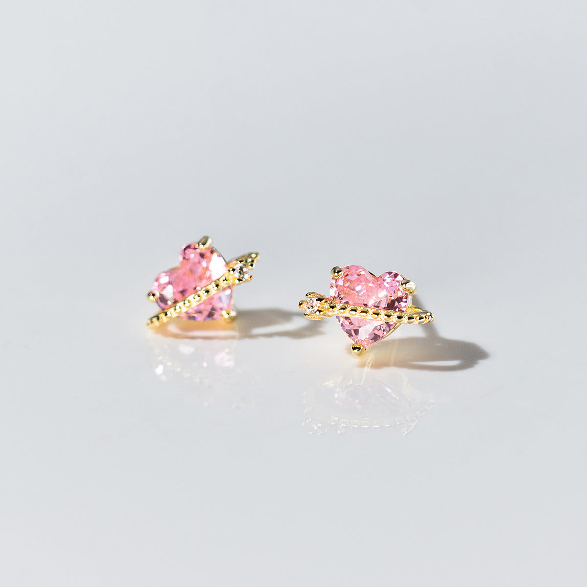 Heart-Shaped Pink Zircon Stud Earrings