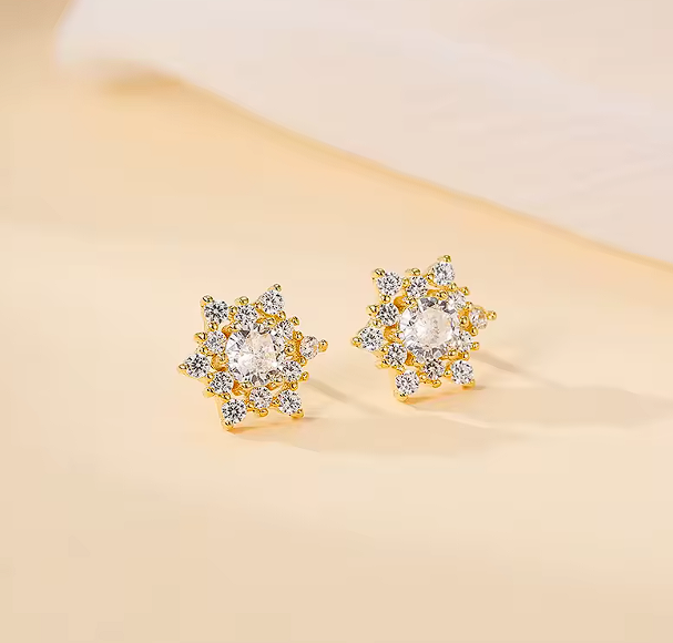 Gold Plated Snowflake Sunflower Zircon Stud Earrings