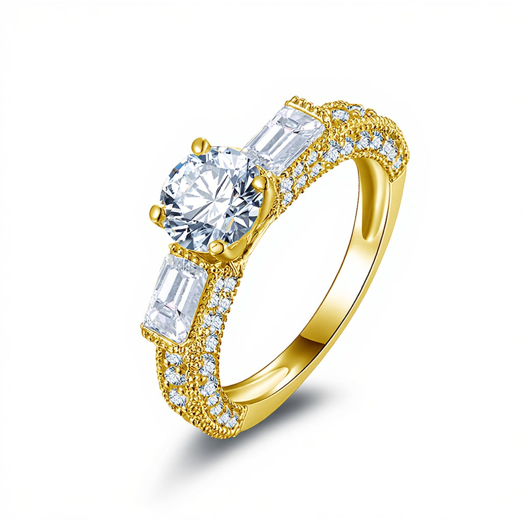 14K Solid Gold Round and Baguette Three Stone Ring