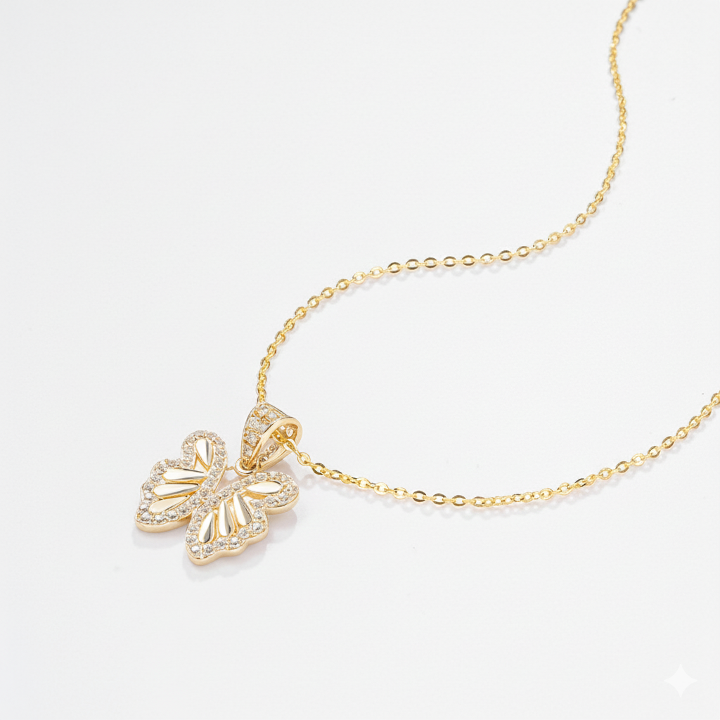 14K Solid Gold Butterfly Pendant Necklace