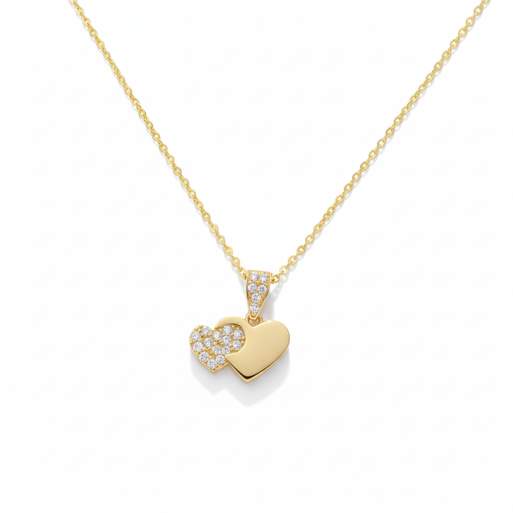 14K Solid Gold Dual Heart Pendant Necklace