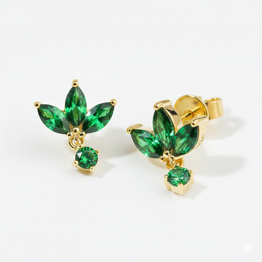 18k Gold Plated Green Marquise CZ Three-Leaf Drop Stud Earrings