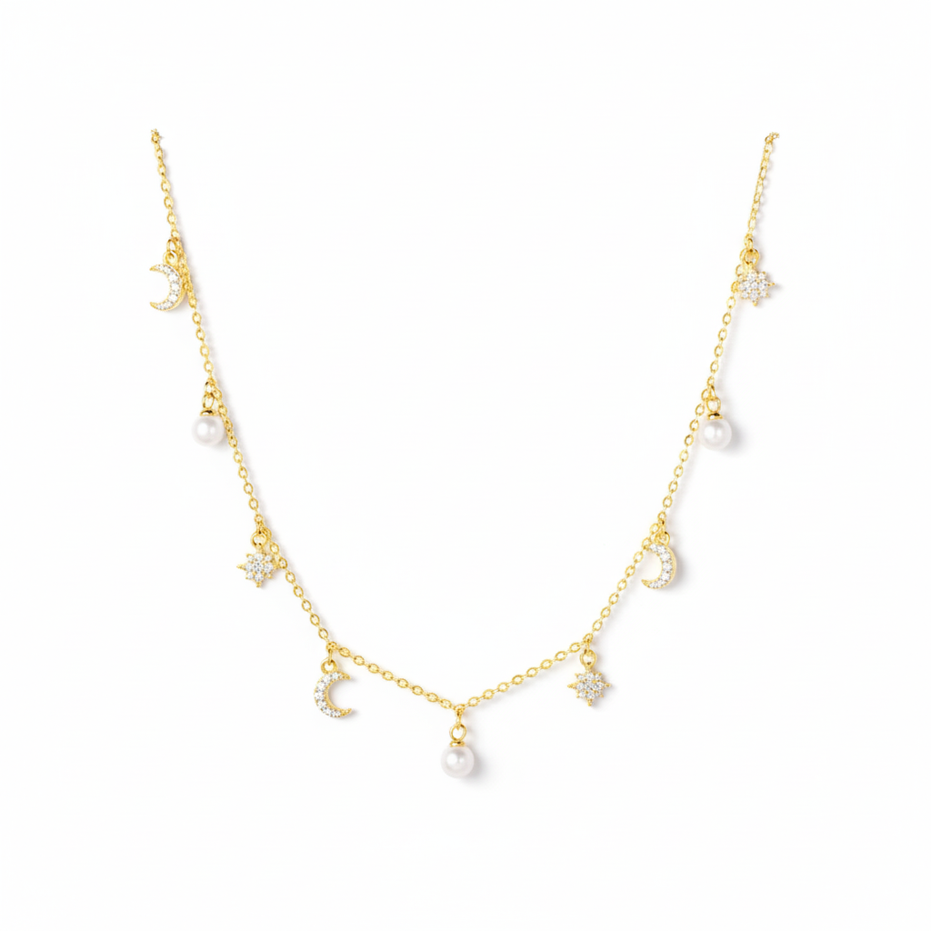 Celestial Charm Choker with CZ Accents and Pearls Necklace