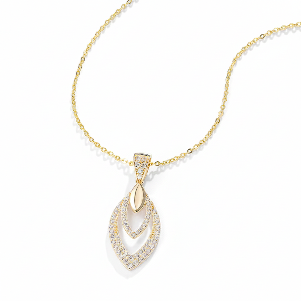 18K Solid Gold Layered Marquise Pendant Necklace
