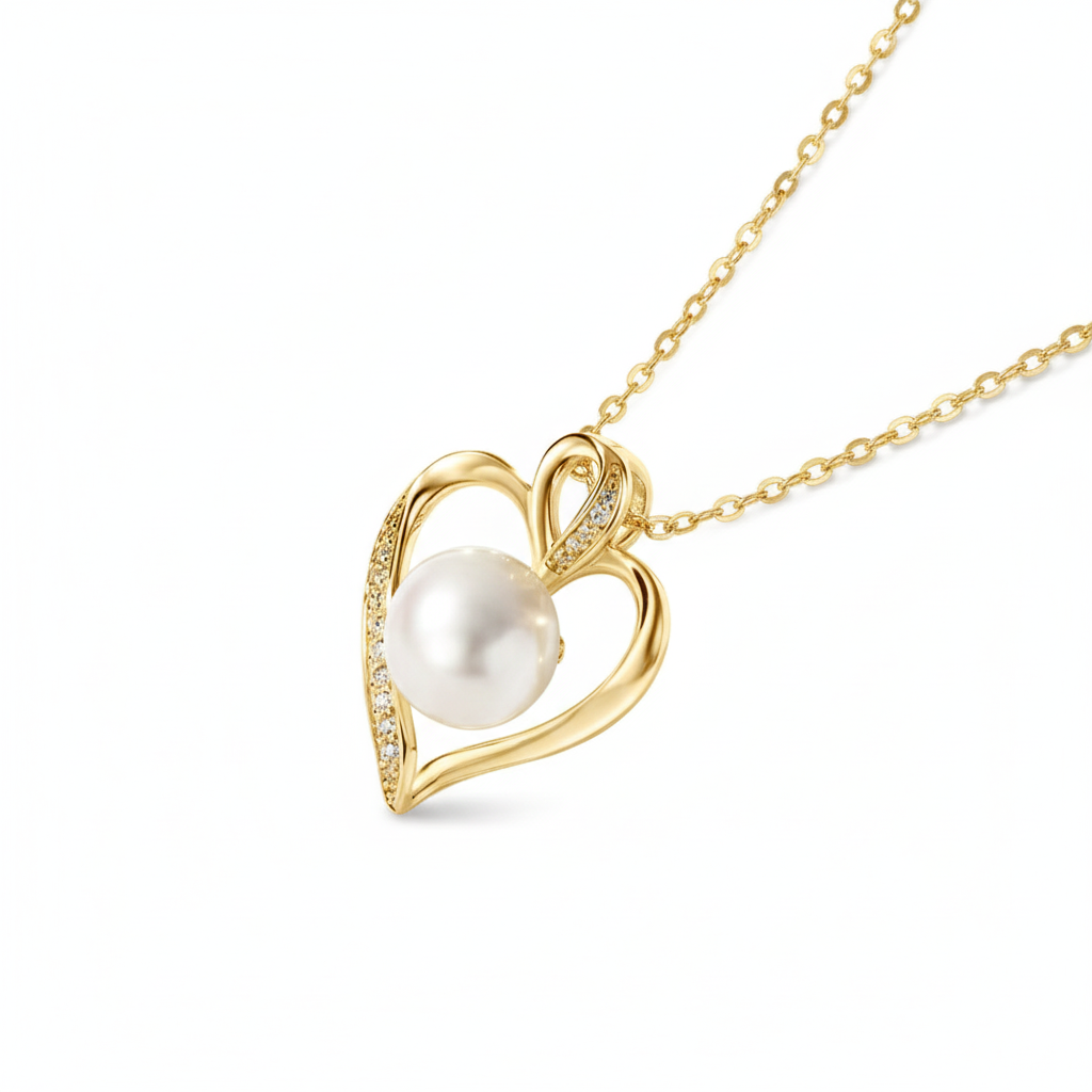 Golden Heart Embrace Pearl Pendant Necklace