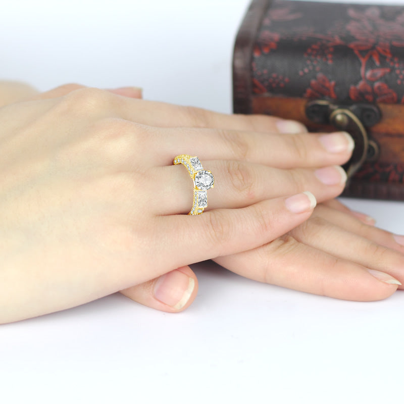 14K Solid Gold Round and Baguette Three Stone Ring