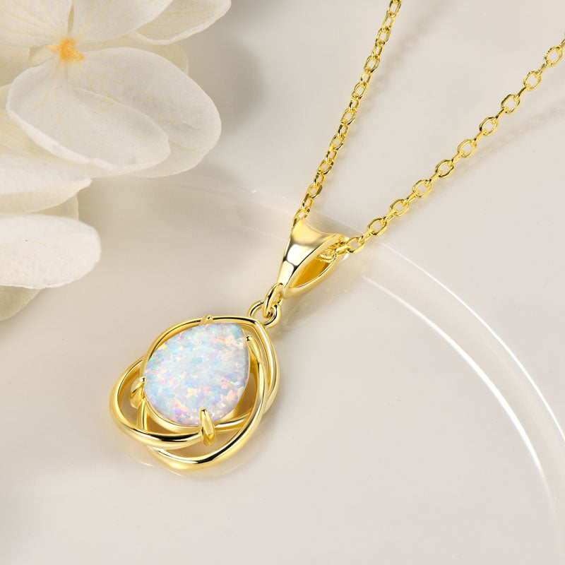 Pear-Cut White Opal Pendant Necklace