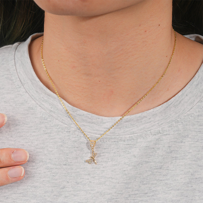 14K Solid Gold Dragonfly Pendant Necklace