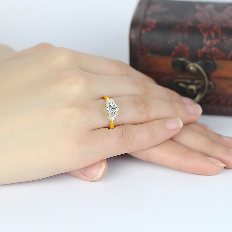 14K Solid Gold CZ Flower Accents Ring