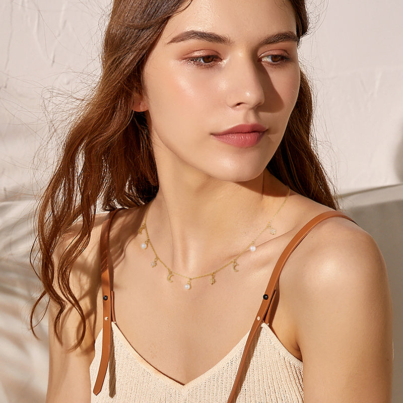 Celestial Charm Choker with CZ Accents and Pearls Necklace