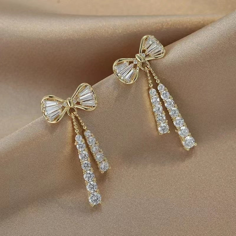 18k Gold Plated CZ Bowknot Fringe Earrings