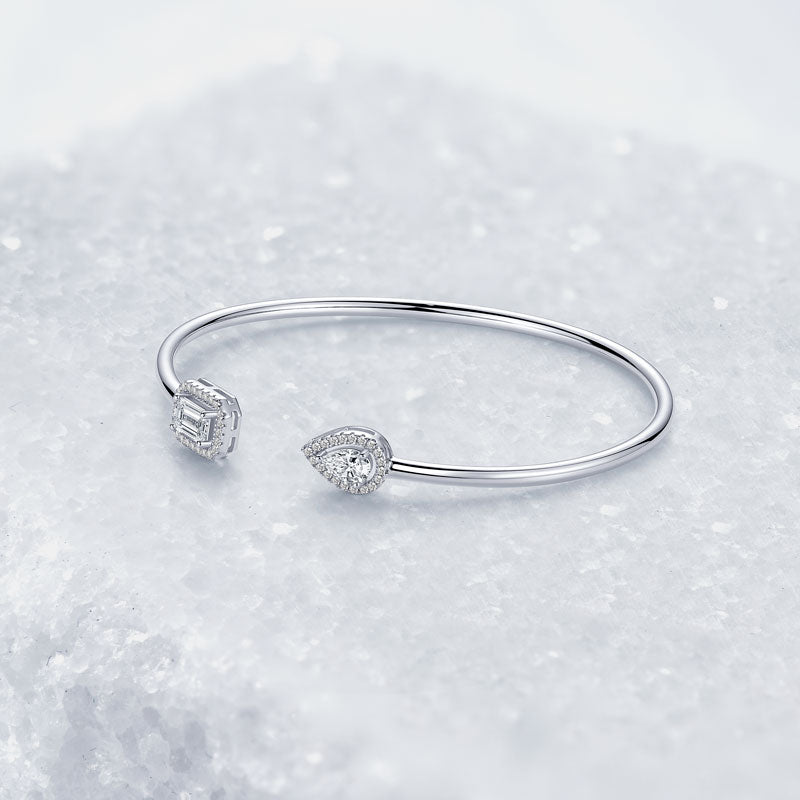 18K Gold Plated Open Cuff Bangle with Emerald & Pear Cut CZ Stones