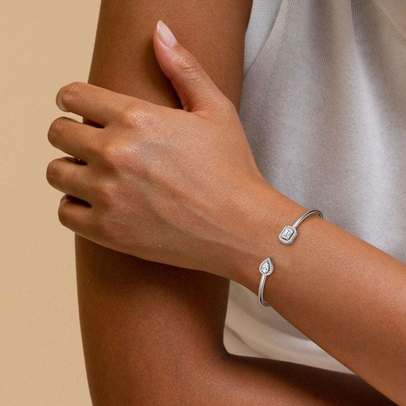 18K Gold Plated Open Cuff Bangle with Emerald & Pear Cut CZ Stones