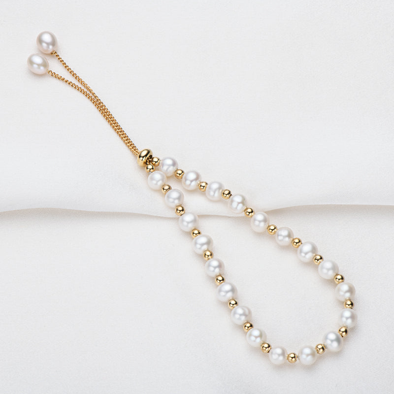 Pearl and Gold Bead Bolo Bracelet
