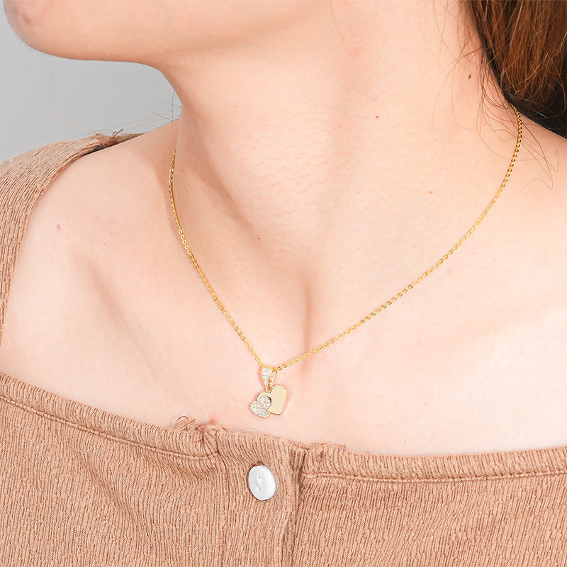 14K Solid Gold Dual Heart Pendant Necklace