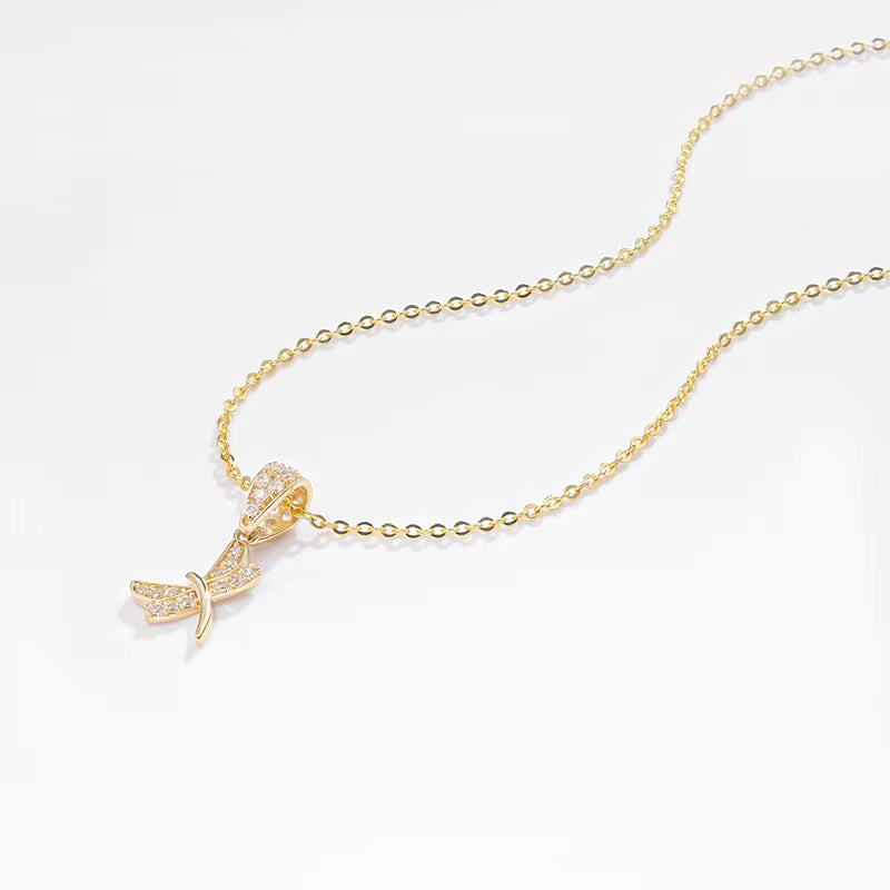 14K Solid Gold Dragonfly Pendant Necklace