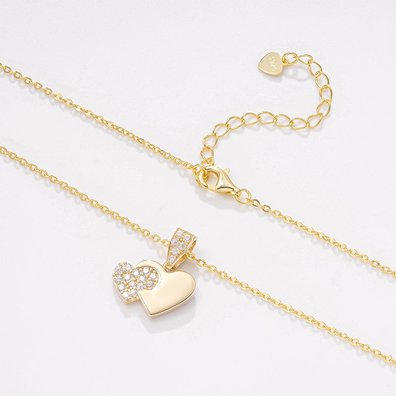 14K Solid Gold Dual Heart Pendant Necklace