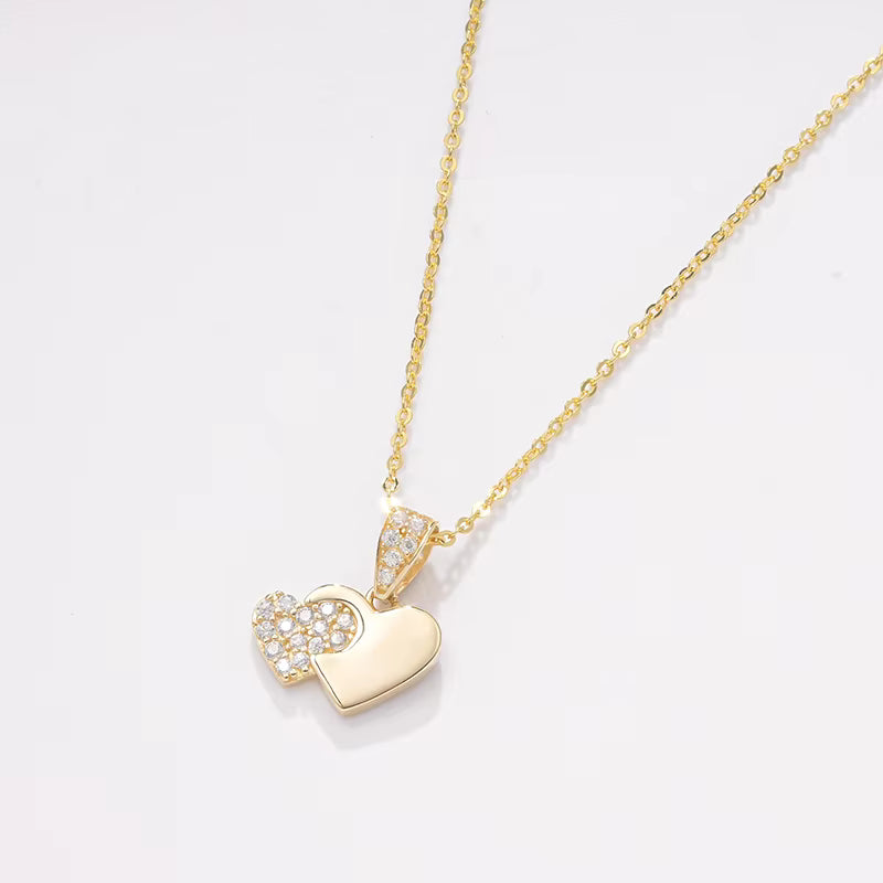 14K Solid Gold Dual Heart Pendant Necklace