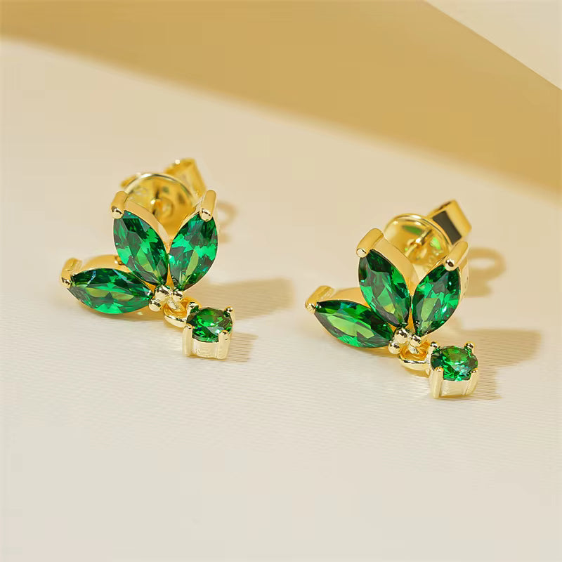 18k Gold Plated Green Marquise CZ Three-Leaf Drop Stud Earrings