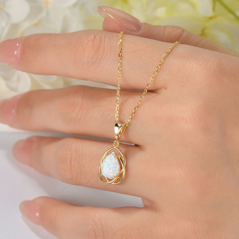 Pear-Cut White Opal Pendant Necklace