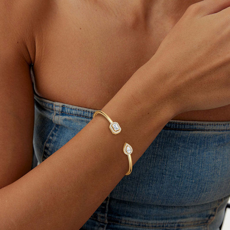 18K Gold Plated Open Cuff Bangle with Emerald & Pear Cut CZ Stones