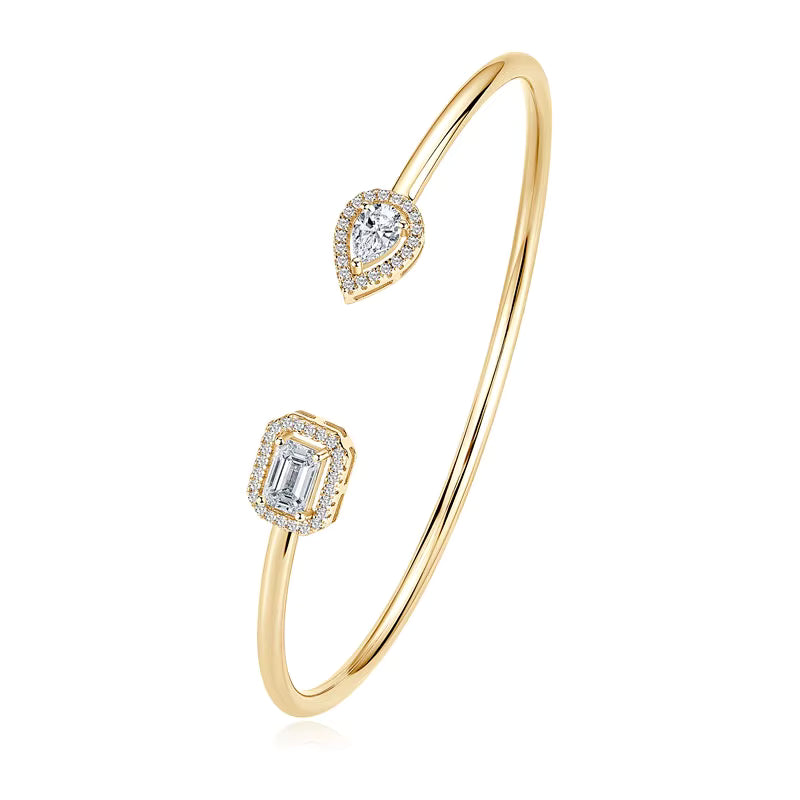 18K Gold Plated Open Cuff Bangle with Emerald & Pear Cut CZ Stones