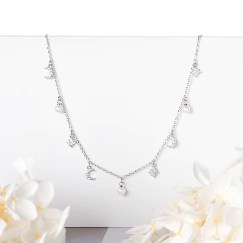 Celestial Charm Choker with CZ Accents and Pearls Necklace