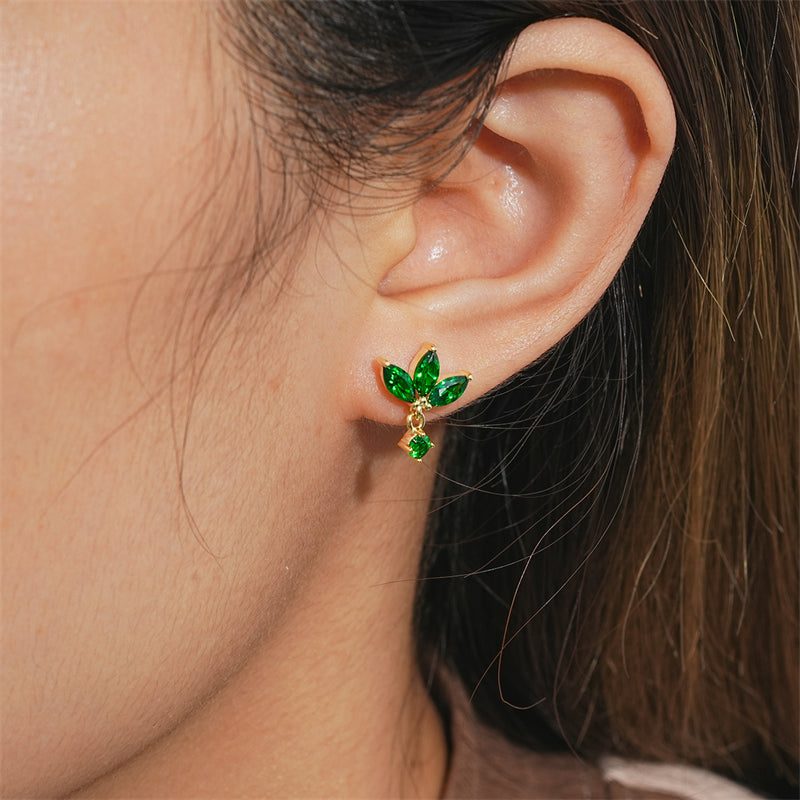 18k Gold Plated Green Marquise CZ Three-Leaf Drop Stud Earrings