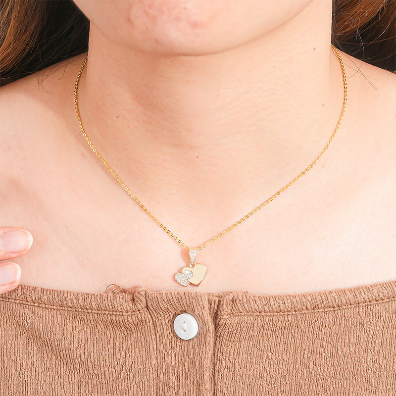 14K Solid Gold Dual Heart Pendant Necklace