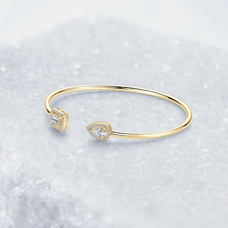 18K Gold Plated Open Cuff Bangle with Emerald & Pear Cut CZ Stones